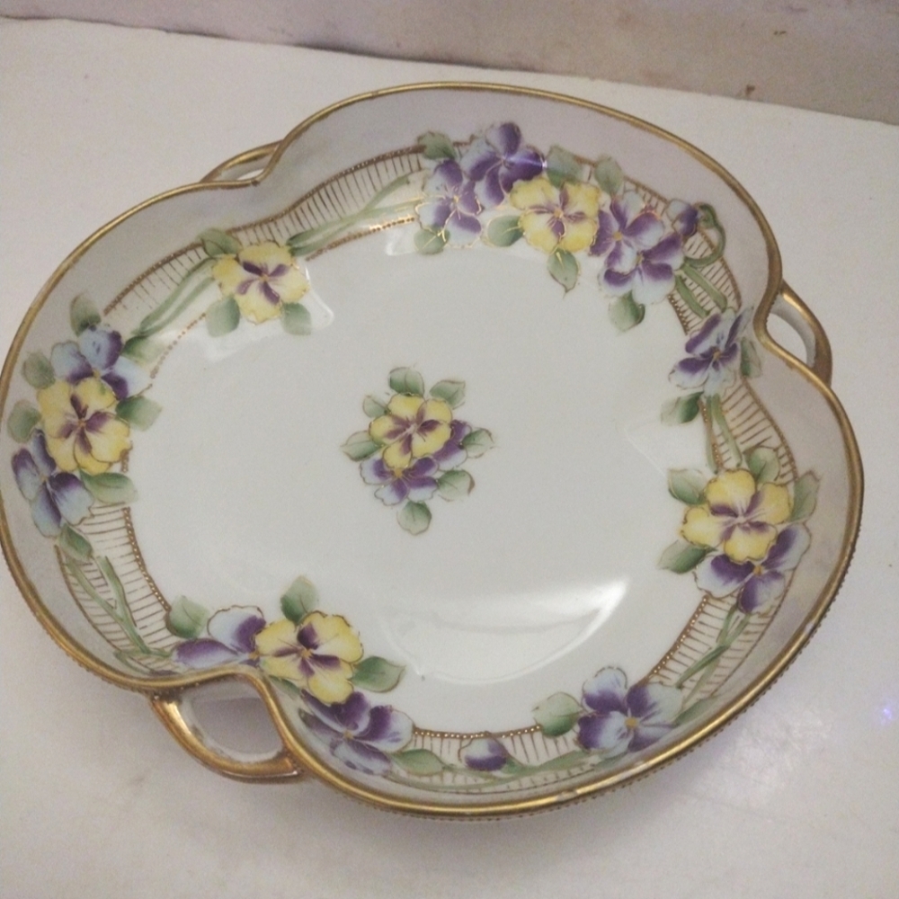 VTG Nippon 3 Handle Trinket Dish Bowl Purple Yellow Pansies Gold Gilt Moriage 7"
